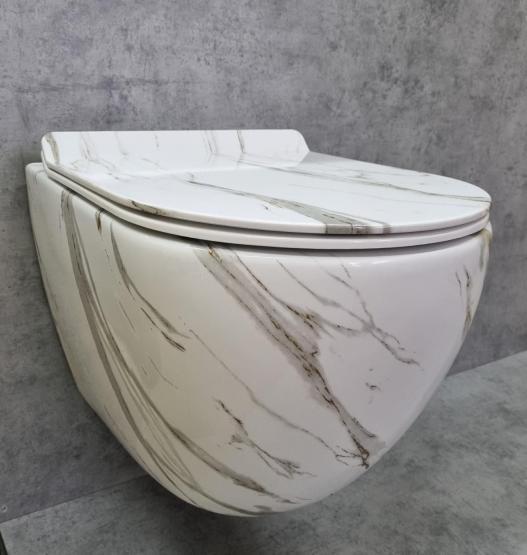 Унитаз Ceramalux 2213-K подвесной безободковый сиденье микролифт белый мрамор 505x365x360