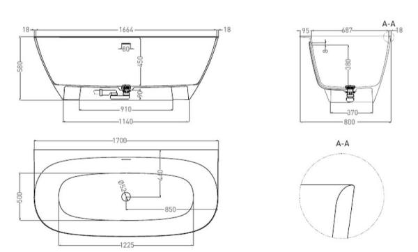 Ванна Salini SOFIA WALL 170x80 S-Sense покраска RAL глянцевая 102512GF