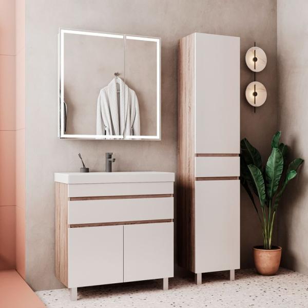 Тумба для ванной Volna Conty 80.2D.1Y Белый/дуб сонома напольная (9696) раковина отдельно