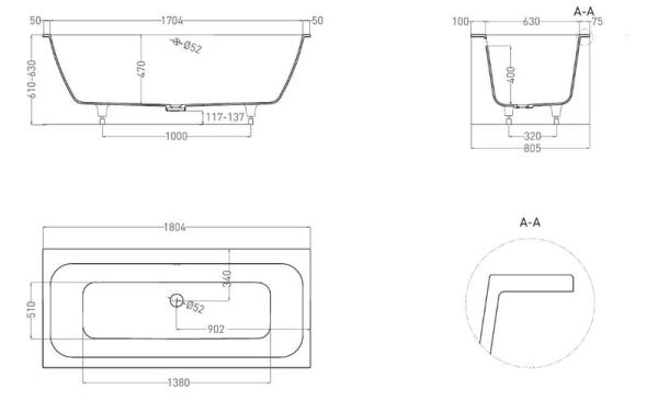Ванна Salini ORLANDA AXIS 180x80 S-Sense покраска RAL глянцевая 103212GF