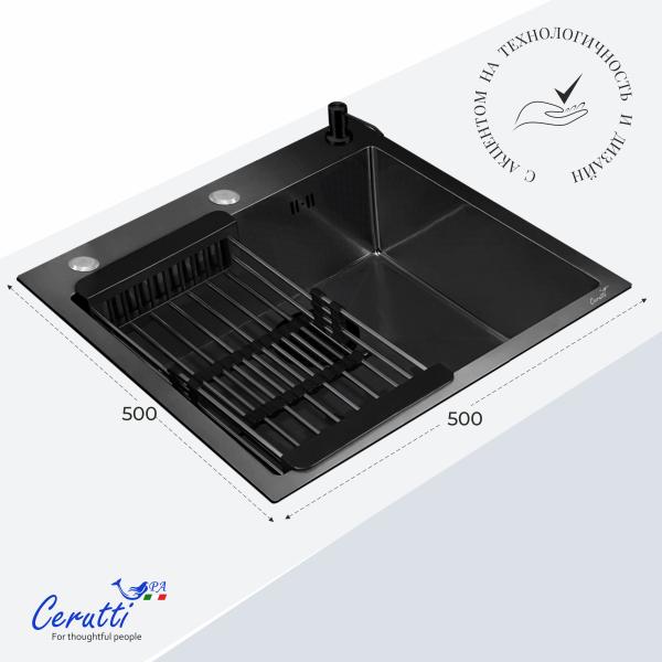 Кухонная мойка CeruttiSPA ГЛОРИЯ (GLORIA) 50B nano black (графит) из нержавеющей стали (500х500х220)