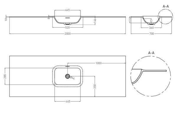 Раковина Salini ONDA EDGE ROUND S-Stone, RAL полностью матовая 200x70 14022051MNF столешница без отв.смесителя