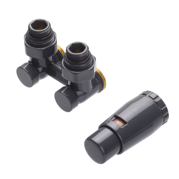 Schlosser комплект узла нижнего подключения STANDARD угловой G 3/4*3/4 с термоголовкой MINI M30*1,5 + 2 Ниппеля 1/2*3/4 Ral 9217