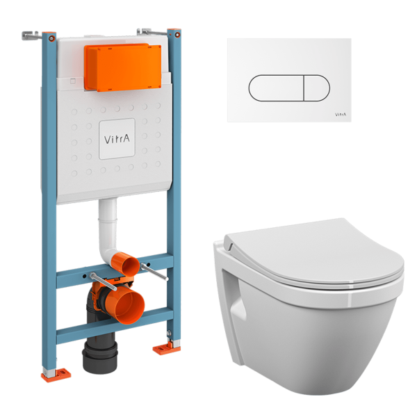 Инсталляция с унитазом VitrA S50 9003B003-7203 комплект 4 в 1 с сиденьем микролифт безободковый цвет клавиши глянцевый белый