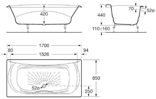 Ванна Roca Akira 2325G000R чугунная 170x85 см