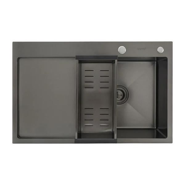 Кухонная мойка Gappo GS7850-6R 780x500x215mm 0.8мм с коландером Черный чаша справа