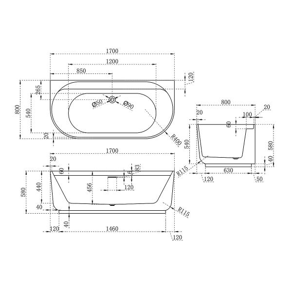 Ванна Vincea VBT-621B 1700х800х580 акриловая белый