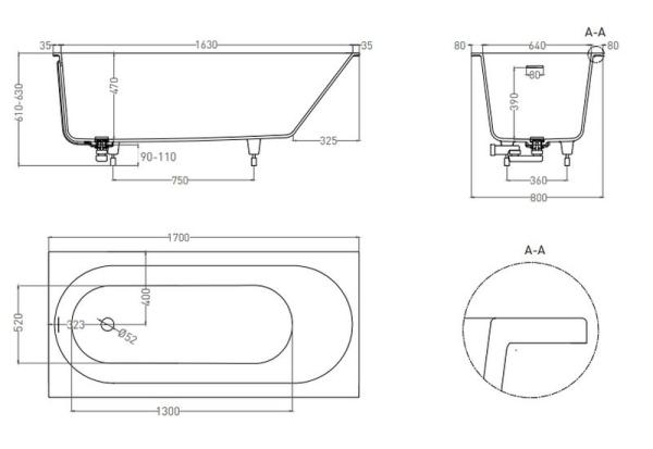 Ванна Salini ORNELLA 170х80 KIT S-Sense покраска RAL глянцевая 102414GF