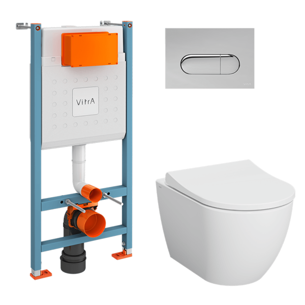 Инсталляция с унитазом VitrA Mia Round  9873B003-7201 комплект 4 в 1 с сиденьем микролифт безободковый цвет клавиши глянцевый хром
