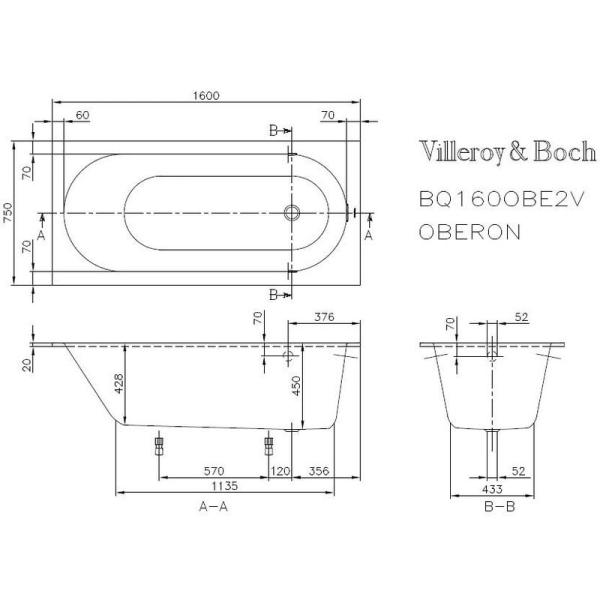 Ванна Villeroy&Boch OBERON UBQ160OBE2V-01 160х75см белый Альпин, с ножками