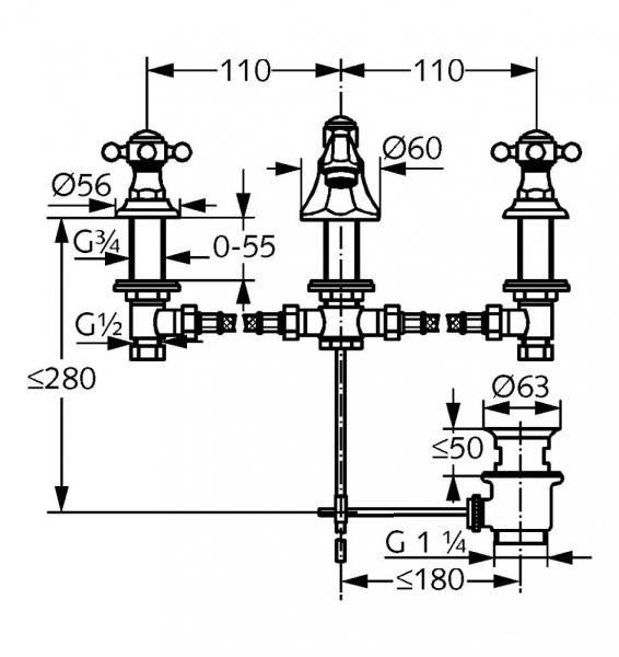 Смеситель Kludi Adlon 5104605G5 для раковины, на 3 отверстия, низкий излив, ручки хрусталь, цвет хром