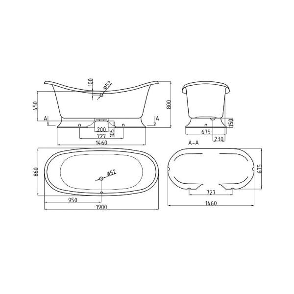 Ванна AquaStone Лиона ножки хром 190х86 иск. камень