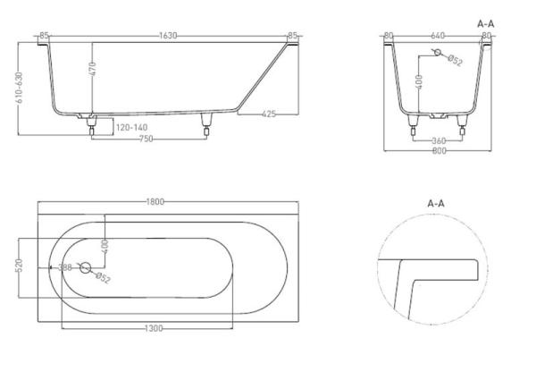 Ванна Salini ORNELLA 180x80 S-Sense глянцевая 102312G