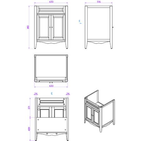TW Veronica, База с раковиной Simas AR824bi*1 68*54см с 1отв. под смеситель , 2 расп. дверки, доводч. Blum, ручки: Riflesso бронза, цвет: noce