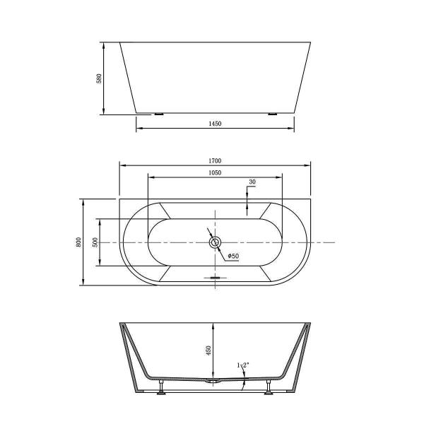 Ванна акриловая Vincea VBT-421-1700, 1700*800*580 цвет белый