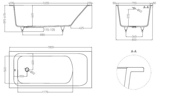 Ванна Salini ORLANDA 180x80 S-Sense глянцевая 102012G