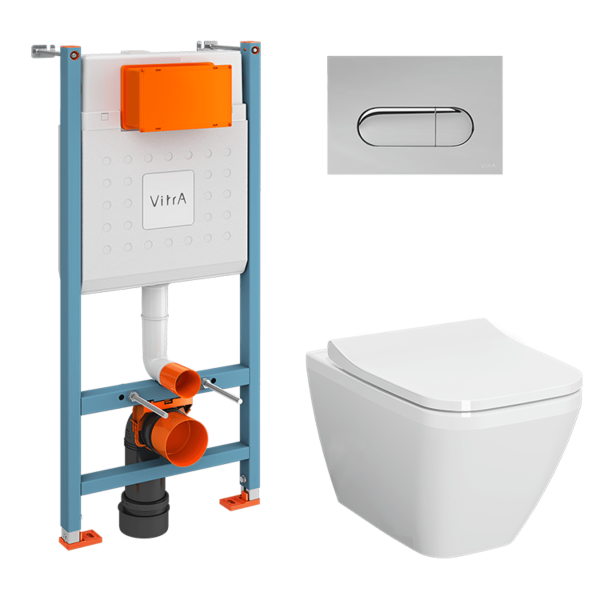 Инсталляция с унитазом VitrA Integra Square  9856B003-7207 комплект 4 в 1 с сиденьем микролифт безободковый цвет клавиши глянцевый хром