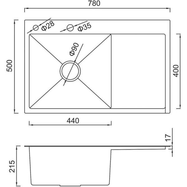 Кухонная мойка Gappo GS7850-6L 780x500x215mm 0.8мм с коландером Черный чаша слева