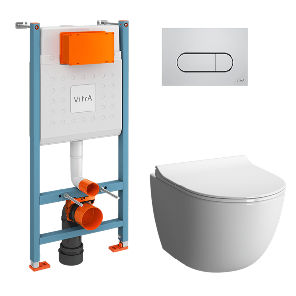 Инсталляция с унитазом VitrA Sento  9830B003-7212 комплект 4 в 1 с сиденьем микролифт безободковый цвет клавиши глянцевый хром