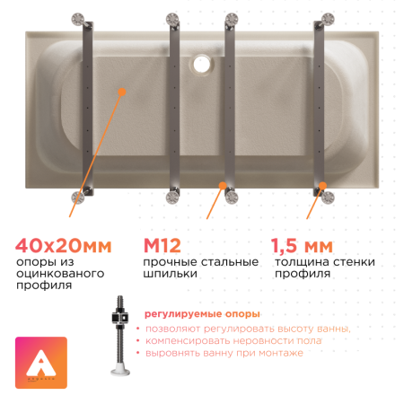 Акриловая ванна Прованс 180х80 Ангосто, установочный комплект