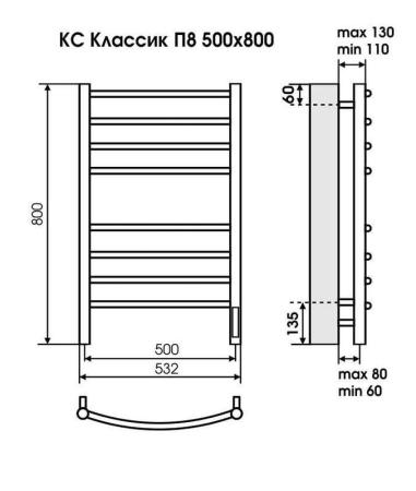 Полотенцесушитель Terminus Ватикан П8 500х800 электро КС 9003 матовый