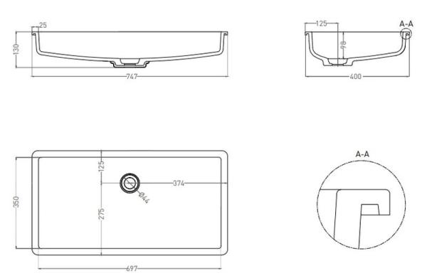 Раковина Salini MAREA 10 RAL S-Sense покраска RAL глянцевая 75x40 1802110GF встраиваемая
