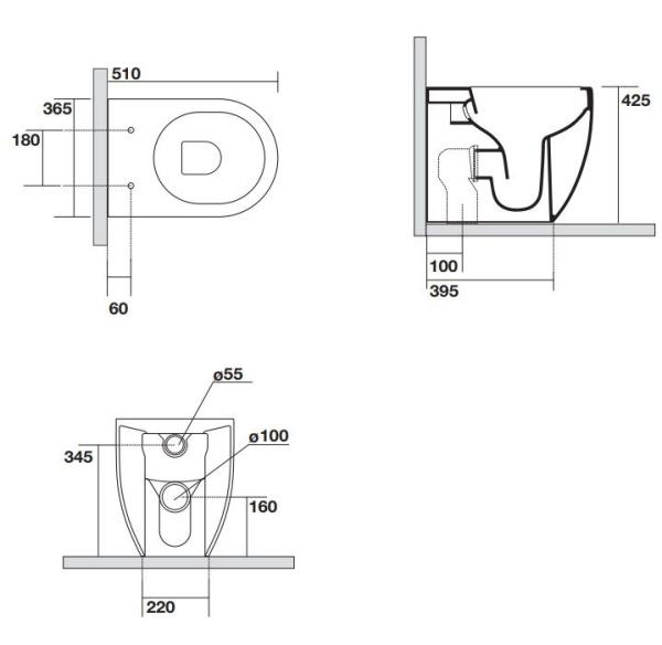 Унитаз напольный AXA GLOMP 0201401  NoRim безободковый приставной