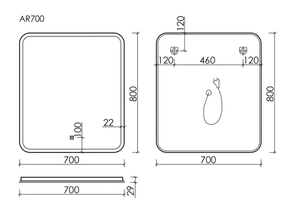 Зеркало SANCOS ARCADIA AR700 70x80x3 белый светодиодная подсветка, диммируемый сенсорный выключатель, пластиковый светопропускающий короб