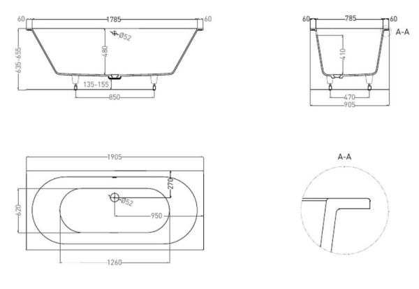 Ванна Salini ORNELLA AXIS 190х90 покраска по RAL полностью S-Sense матовая 103412MF