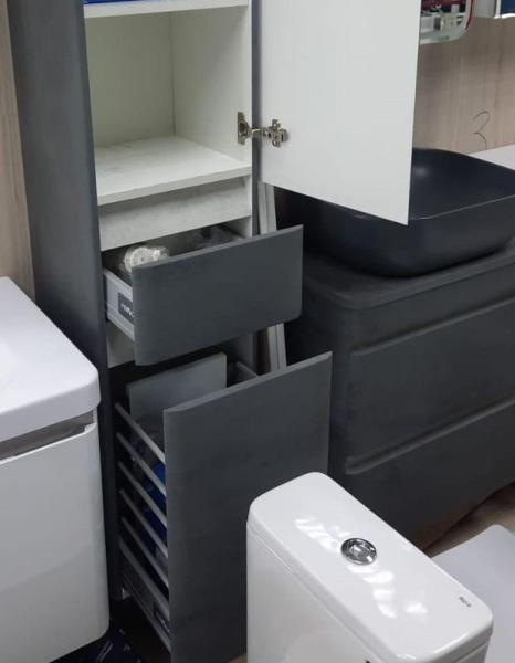 Шкаф пенал Style Line Elfante Атлантика 35 универсальный с корзиной, Люкс бетон темный, PLUS