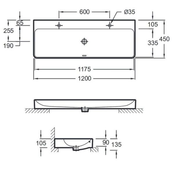 Раковина Jacob Delafon VOX EVA122-00 120 см подвесная