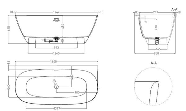 Ванна Salini SOFIA WALL 180x85 S-Sense покраска RAL глянцевая 102513GF