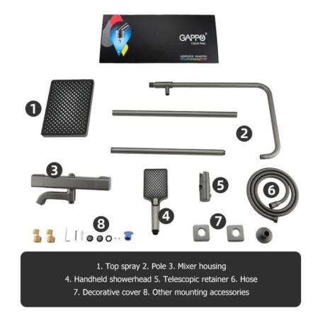 Душевая система Gappo  G2491-9 термостат верхний душ 25x25 излив поворотный, оружейная сталь