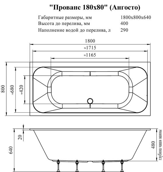 Акриловая ванна Прованс 180х80 Ангосто, установочный комплект