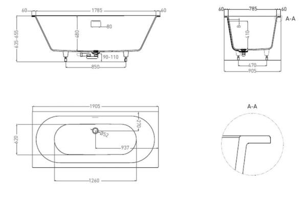 Ванна Salini ORNELLA AXIS KIT 190х90 S-Sense глянцевая 103512G