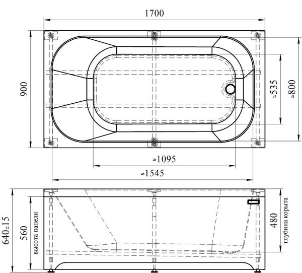 Ванна акриловая "ПРОВАНС 170х90", рама-подставка, фронтальная панель, слив-перелив автомат с сеточкой (бронза, с сифоном)