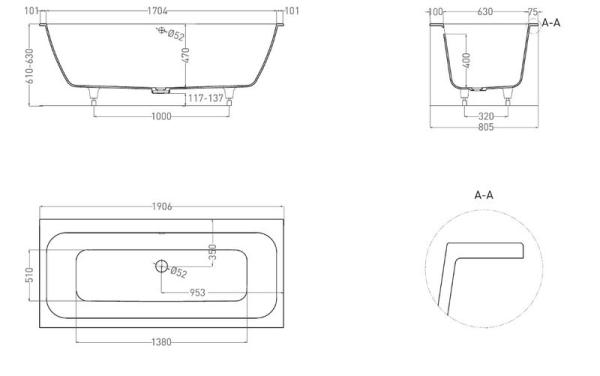 Ванна Salini ORLANDA AXIS 190x80 S-Sense покраска RAL глянцевая 103211GF