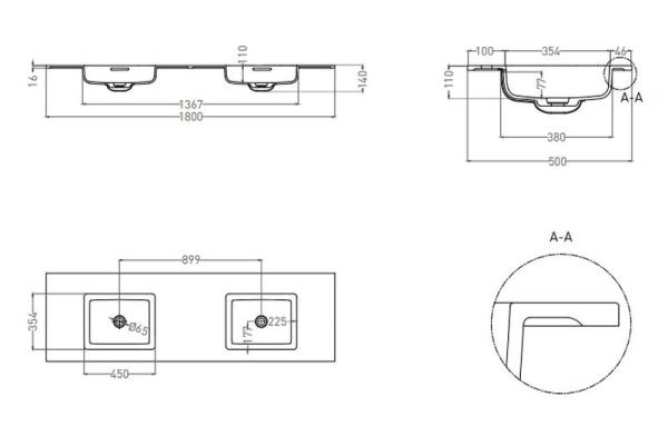 Раковина Salini ONDA 180 S-Stone покраска RAL матовая 180x50 1402202MF столешница без отв.смесителя