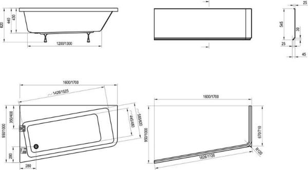 Ванна Ravak 10° 160х95 P без гидромассажа акрил