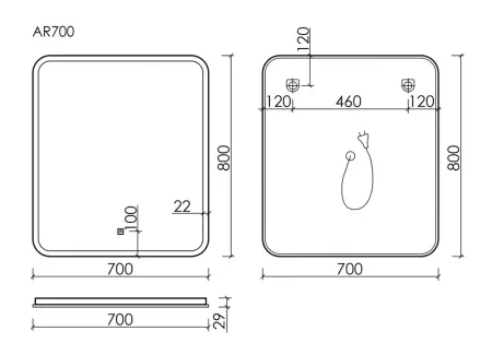 Зеркало SANCOS ARCADIA AR700 70x80x3 белый светодиодная подсветка, диммируемый сенсорный выключатель, пластиковый светопропускающий короб