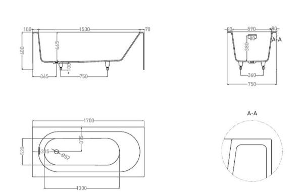 Ванна Salini FABIA 170x75 покраска по RAL полностью S-Sense матовая 102611MF