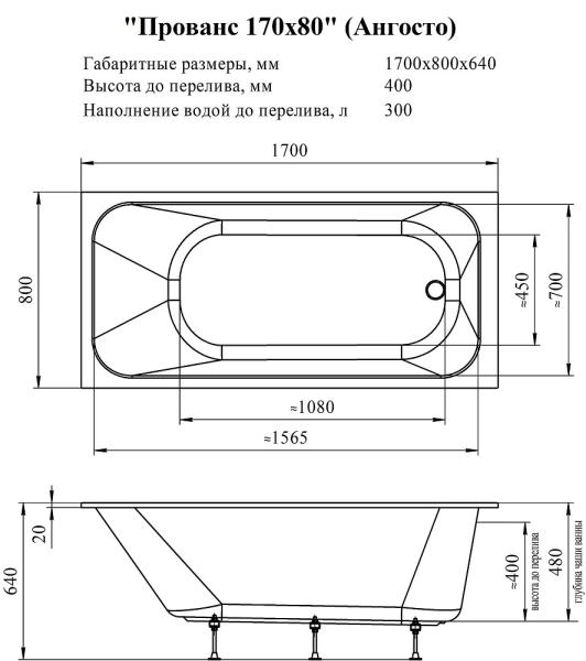 Акриловая ванна Прованс 170х80 Ангосто, установочный комплект
