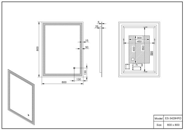Зеркало ESBANO ES-3429HRD LED подсветка Антизапотевание 60х80х5