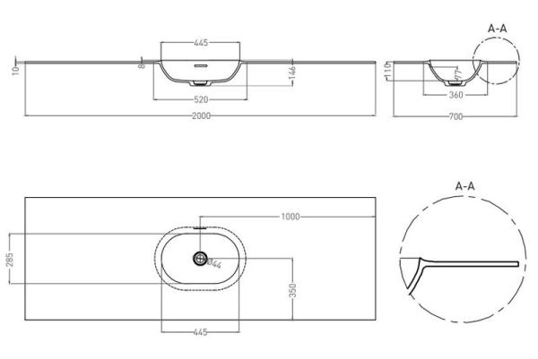 Раковина Salini ONDA EDGE OVAL S-Stone матовая 200x70 14022041MN столешница без отв.смесителя