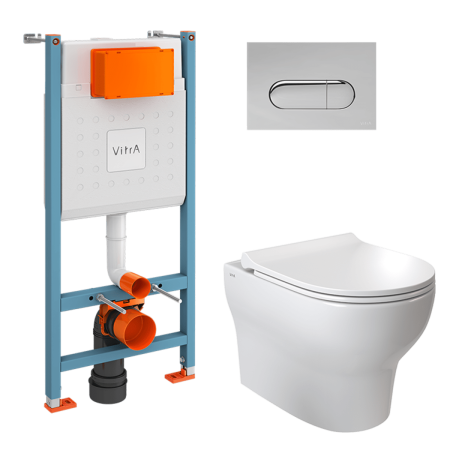 Инсталляция с унитазом VitrA Zentrum Round  9879B003-7200 комплект 4 в 1 с сиденьем микролифт безободковый цвет клавиши глянцевый хром