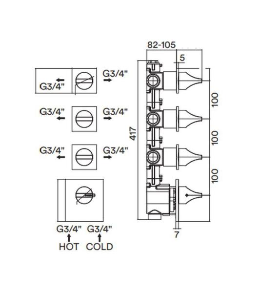Скрытая часть с девиатором для термостата HighFlow Bossini Outlets Z030273000 на 6 выходов