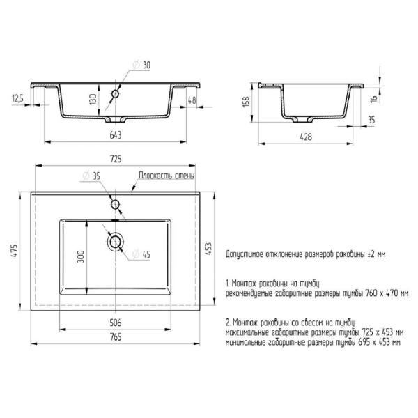 Раковина для ванной Uperwood Parma Premium 75 см, белая глянцевая полувстраиваемая 