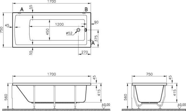 Ванна Vitra Neon 170х75 см 52280001000 акриловая прямоугольная