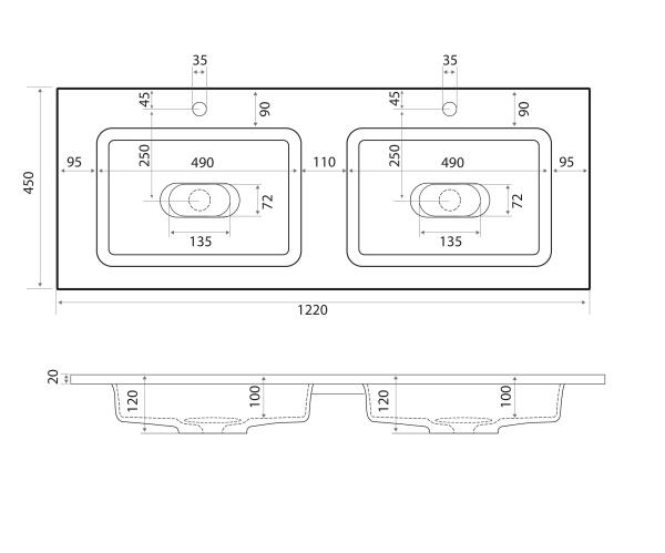 Раковина двойная Uperwood Modul 120 см, прямоугольная