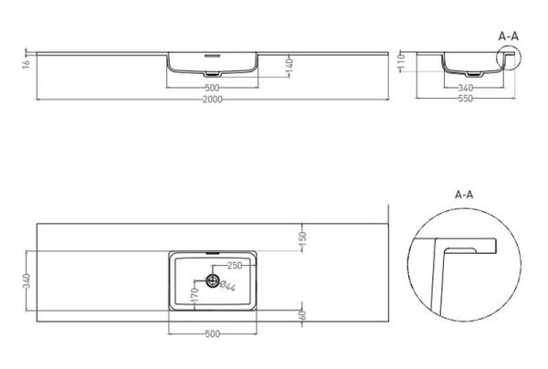 Раковина Salini ONDA PLUS S-Stone покраска RAL матовая 200x55 1402203MNF столешница без отв.смесителя